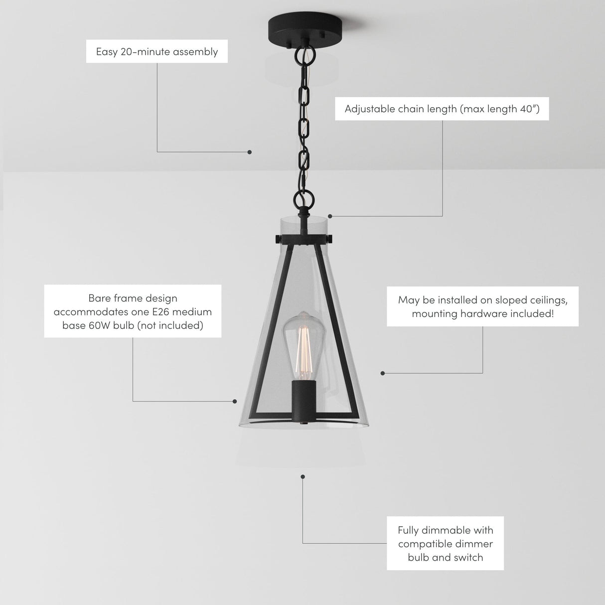 Nathan James Olton Pendant Lighting with Glass Shade, Adjustable Chain