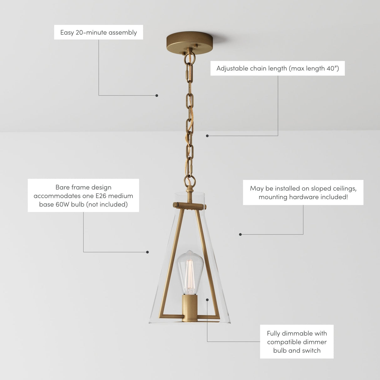 Nathan James Olton Pendant Lighting with Glass Shade, Adjustable Chain