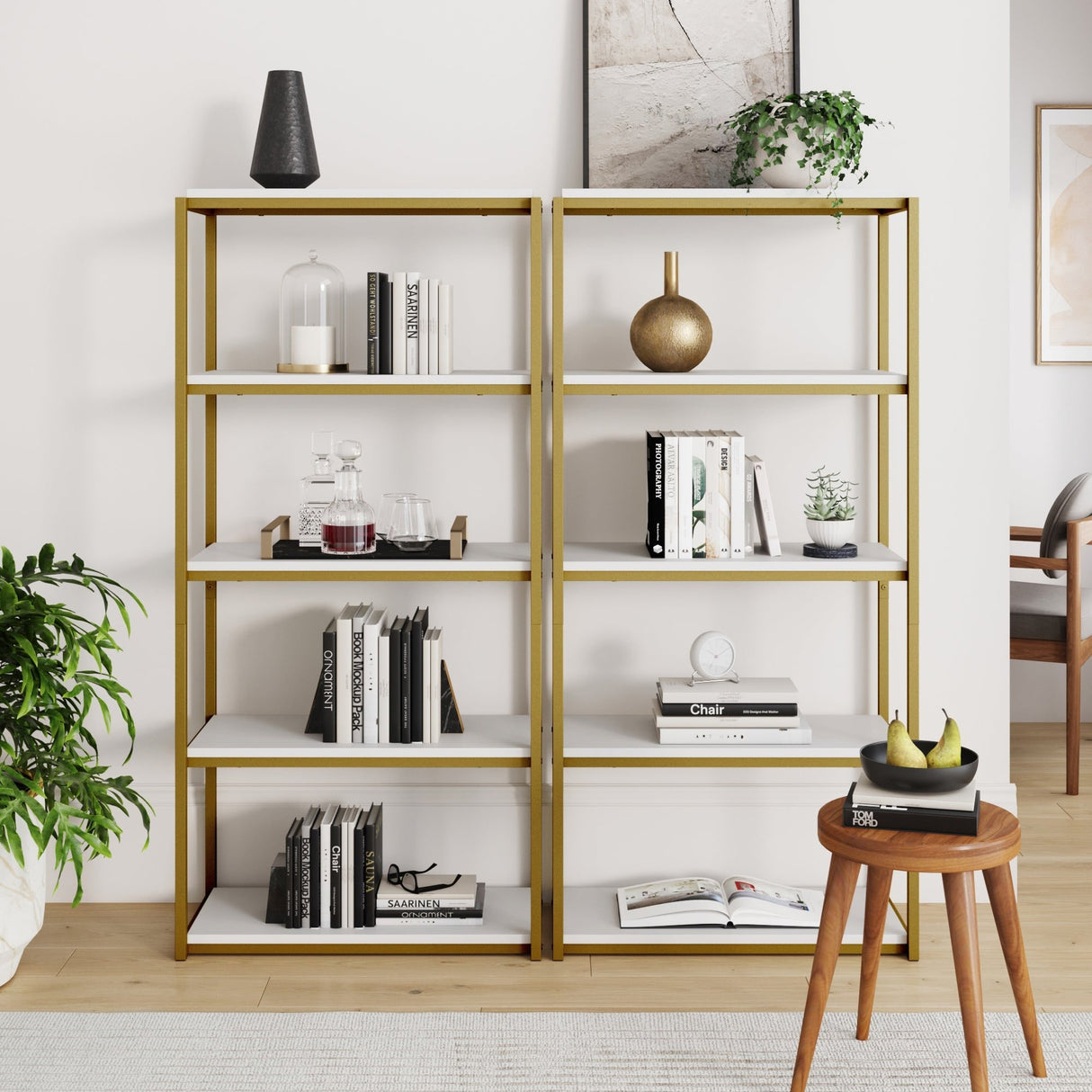 Nathan James Oscar Modern Etagere 5-Shelf Bookcase with Wood Storage Shelves and Metal Frame