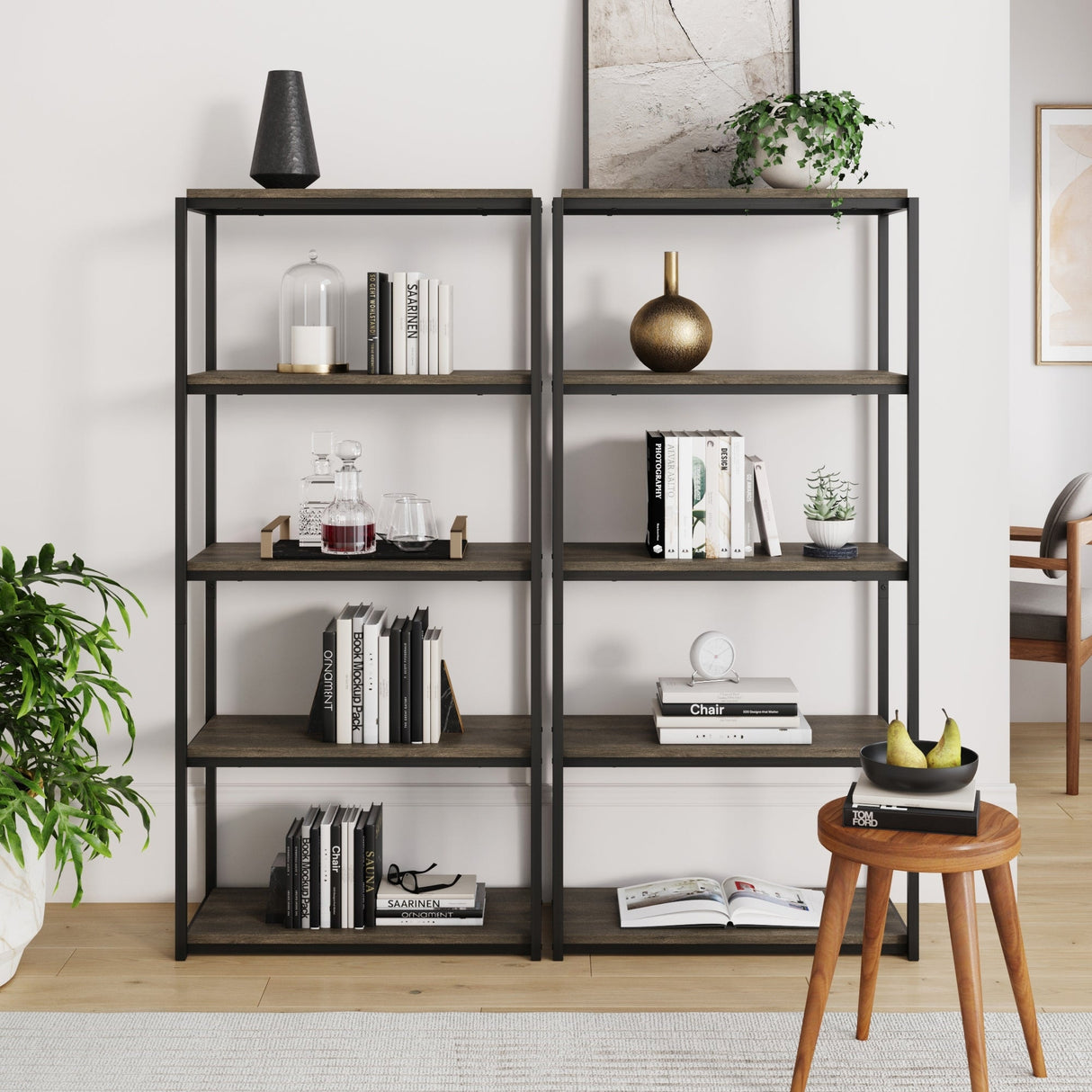 Nathan James Oscar Modern Etagere 5-Shelf Bookcase with Wood Storage Shelves and Metal Frame