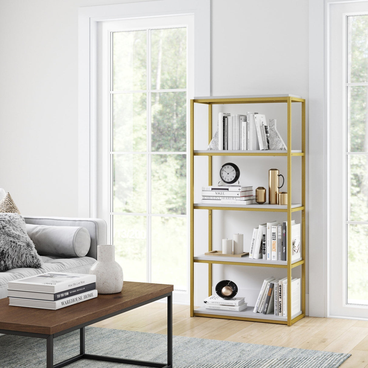 Nathan James Oscar Modern Etagere 5-Shelf Bookcase with Wood Storage Shelves and Metal Frame