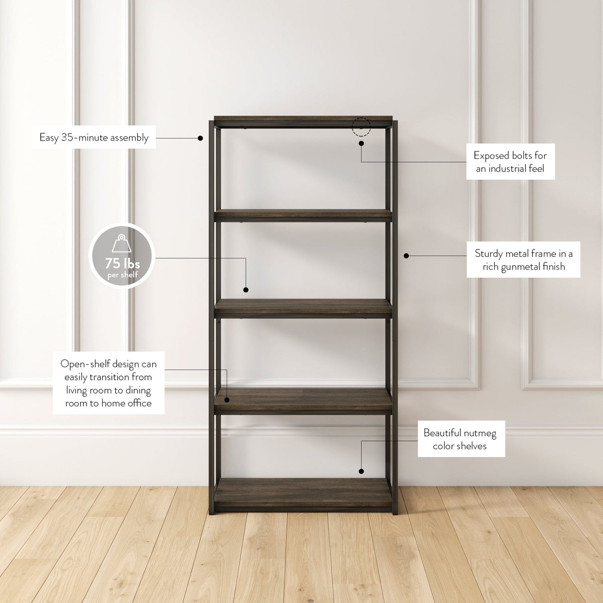 Nathan James Oscar Modern Etagere 5-Shelf Bookcase with Wood Storage Shelves and Metal Frame