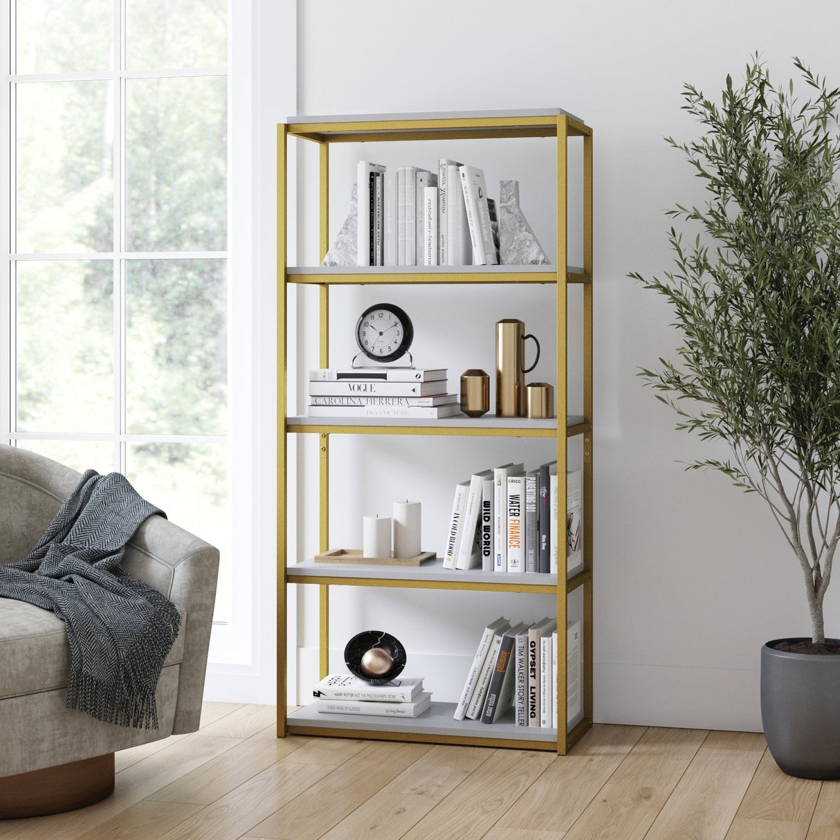 Nathan James Oscar Modern Etagere 5-Shelf Bookcase with Wood Storage Shelves and Metal Frame