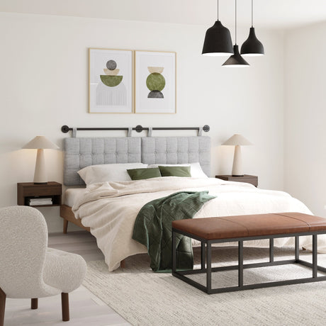 Nathan James Remi Wall Mount Tufted Headboard with Adjustable Straps and Black Metal Rail
