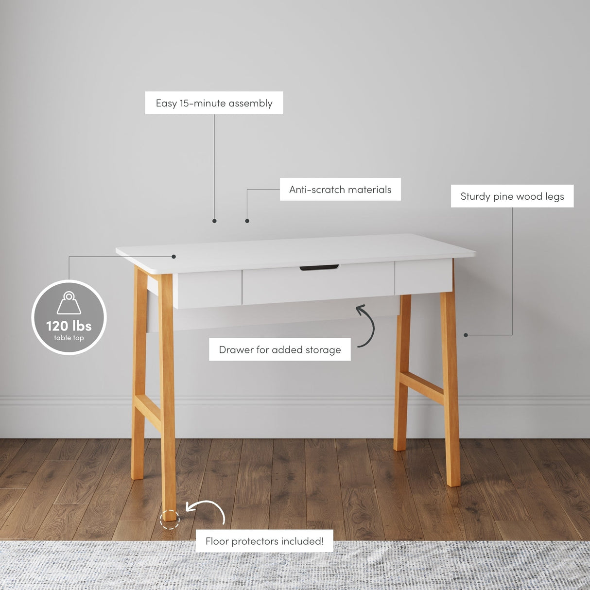 Nathan James Telos Computer Desk with Drawer, Light Wood Legs