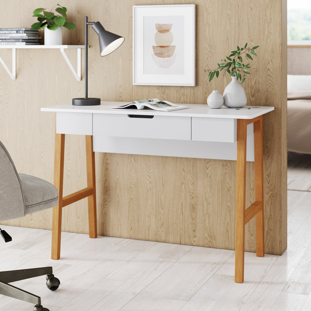 Nathan James Telos Computer Desk with Drawer, Light Wood Legs