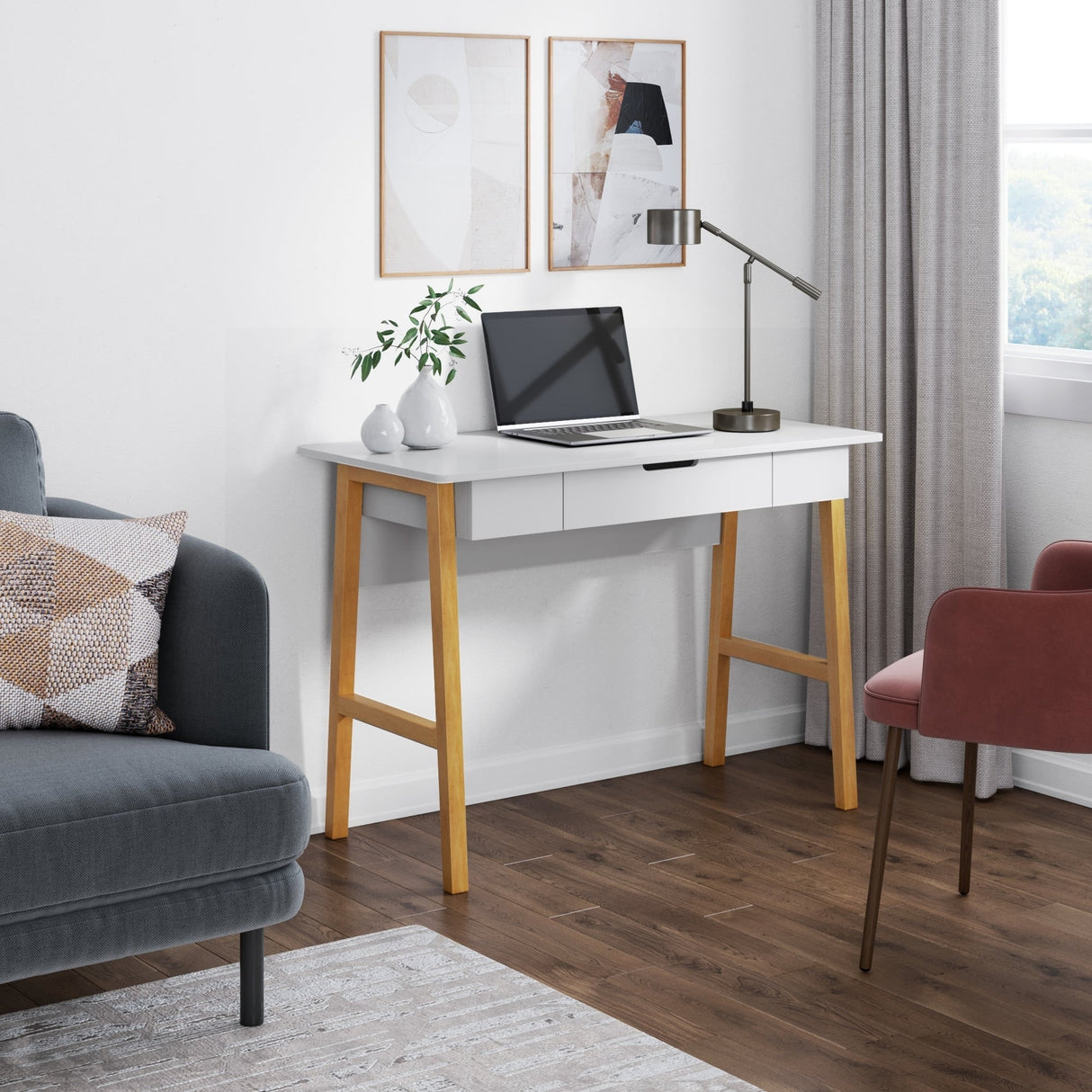 Nathan James Telos Computer Desk with Drawer, Light Wood Legs