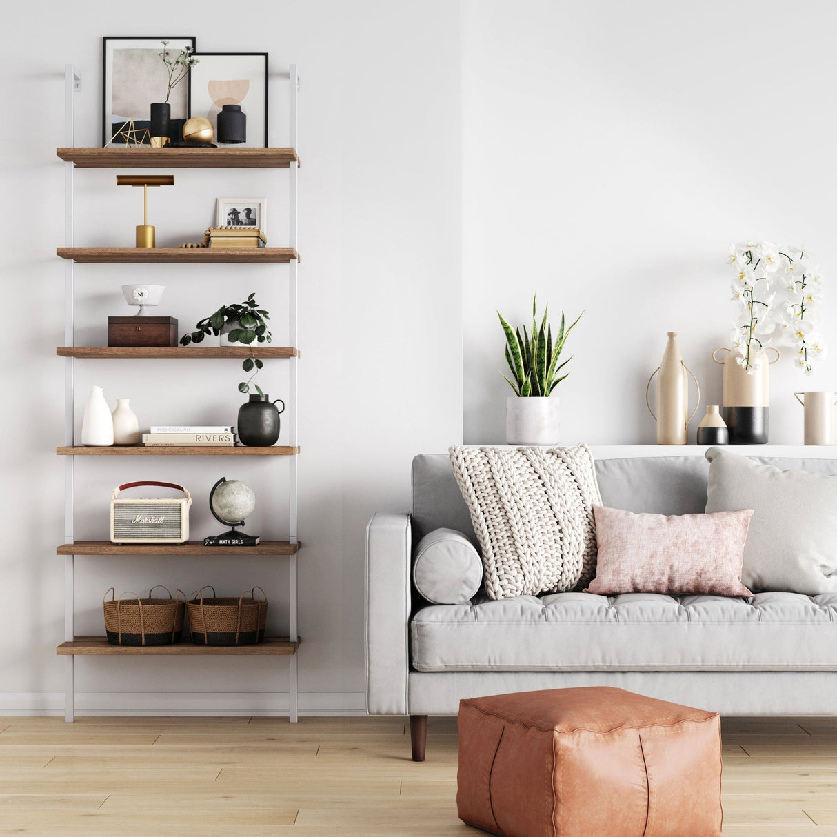 Nathan James Theo 6-Shelf Tall Bookcase, Wall Mount Bookshelf Wood with Metal Frame