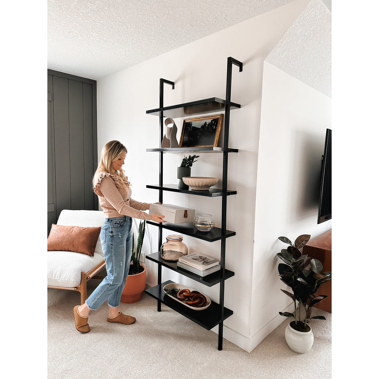 Nathan James Theo 6-Shelf Tall Bookcase, Wall Mount Bookshelf Wood with Metal Frame