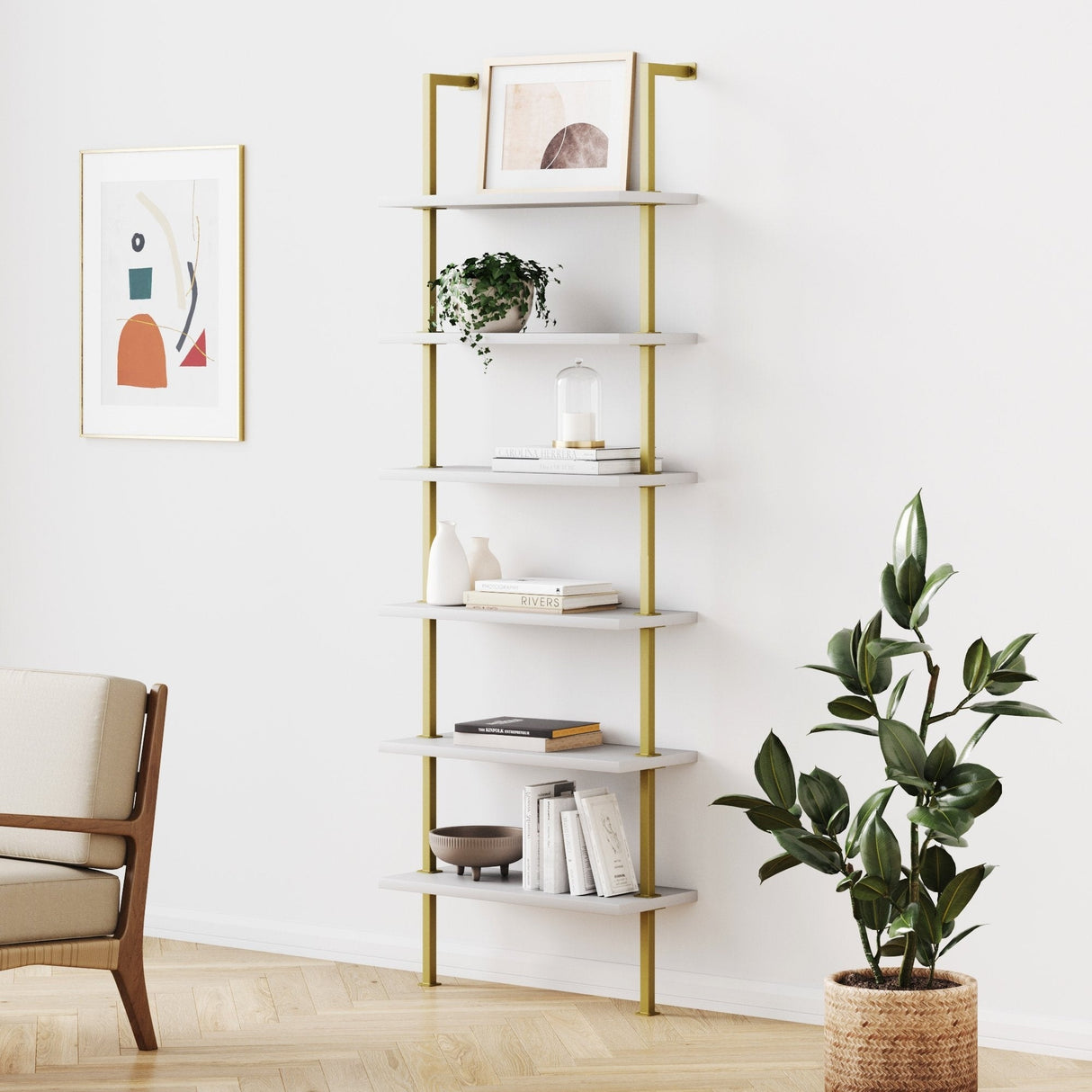 Nathan James Theo 6-Shelf Tall Bookcase, Wall Mount Bookshelf Wood with Metal Frame