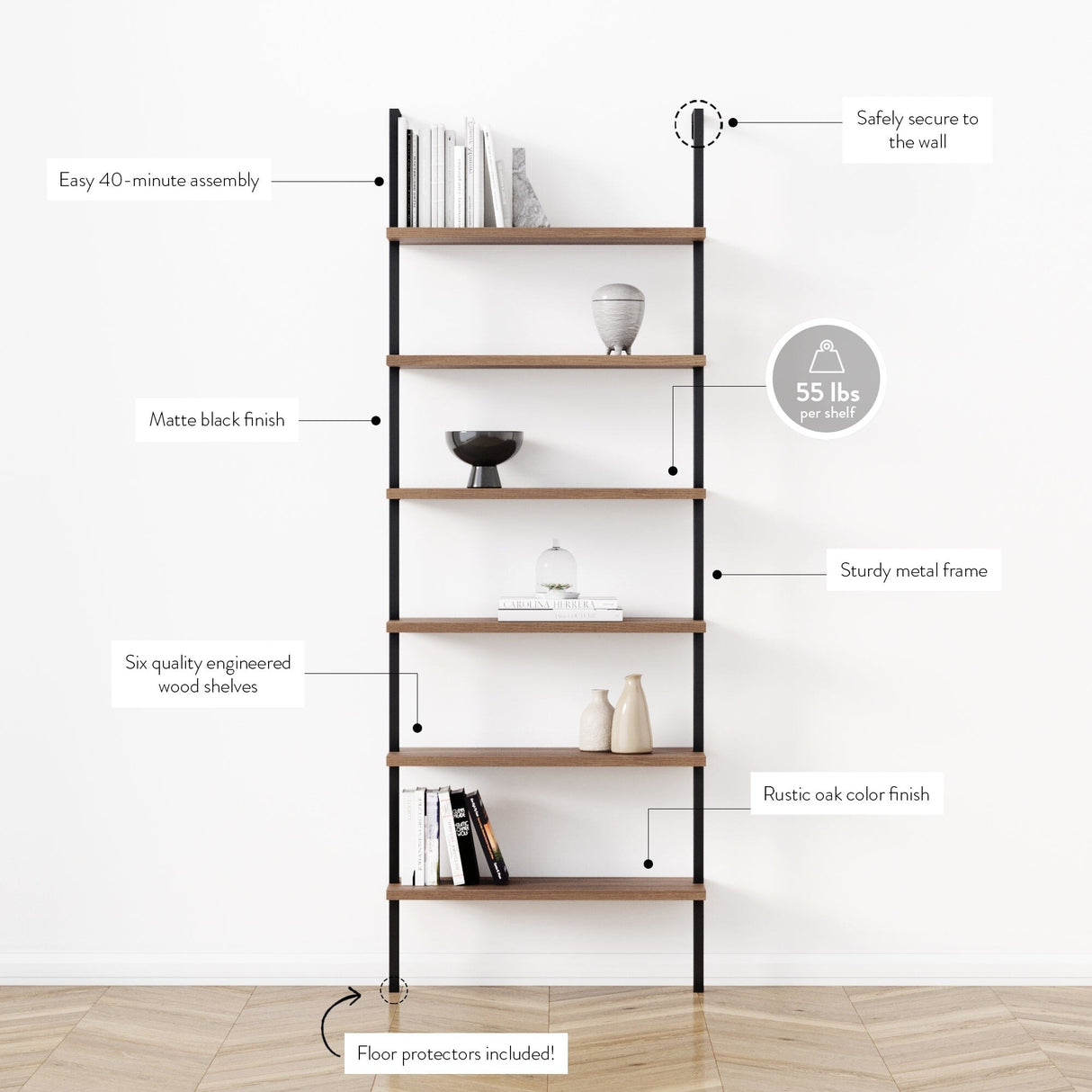 Nathan James Theo 6-Shelf Tall Bookcase, Wall Mount Bookshelf Wood with Metal Frame