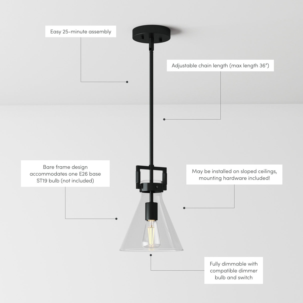 Nathan James Vincent Glass Pendant Lighting, Hanging Light Fixture with Adjustable Stem and Clear Shade