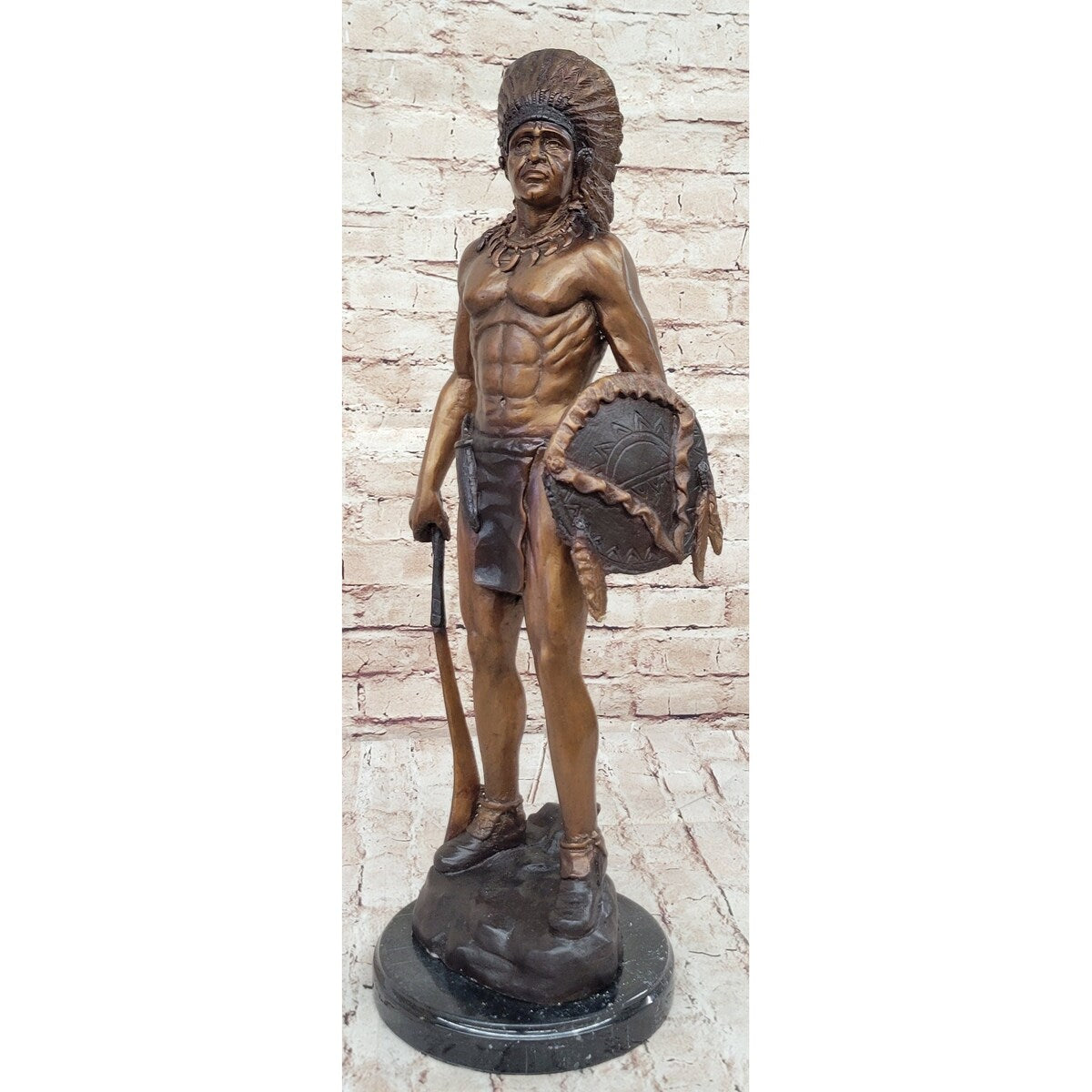 Native American Indian Warrior Bronze Metal Statue Sculpture On Marble Base Cm Russell
