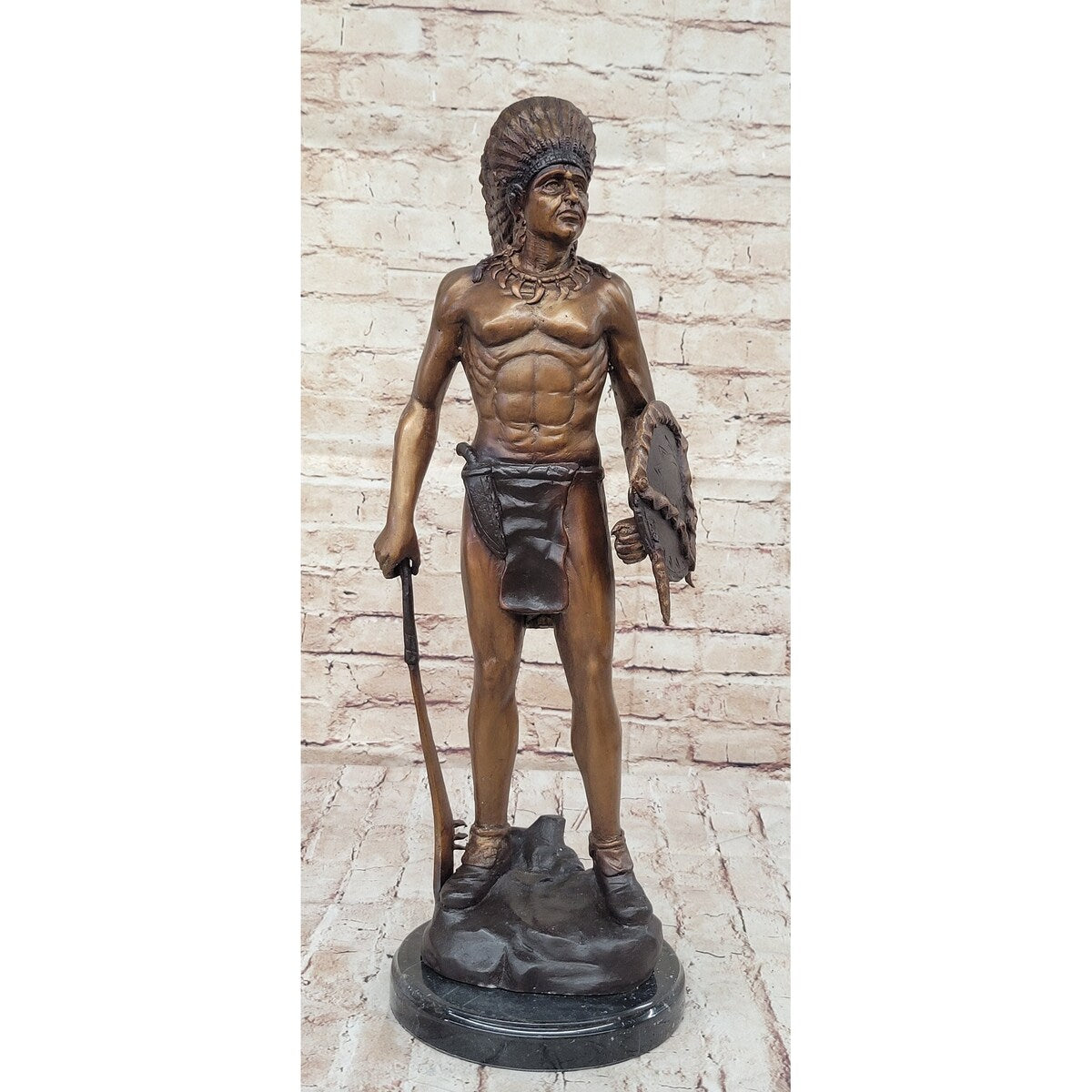 Native American Indian Warrior Bronze Metal Statue Sculpture On Marble Base Cm Russell