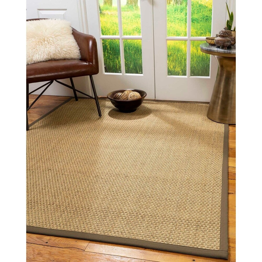 Natural Area Rugs 100%, Natural Fiber Handmade Basket Weave Calabria, Natural Seagrass Rug, Fossil Border - 9' x 12'