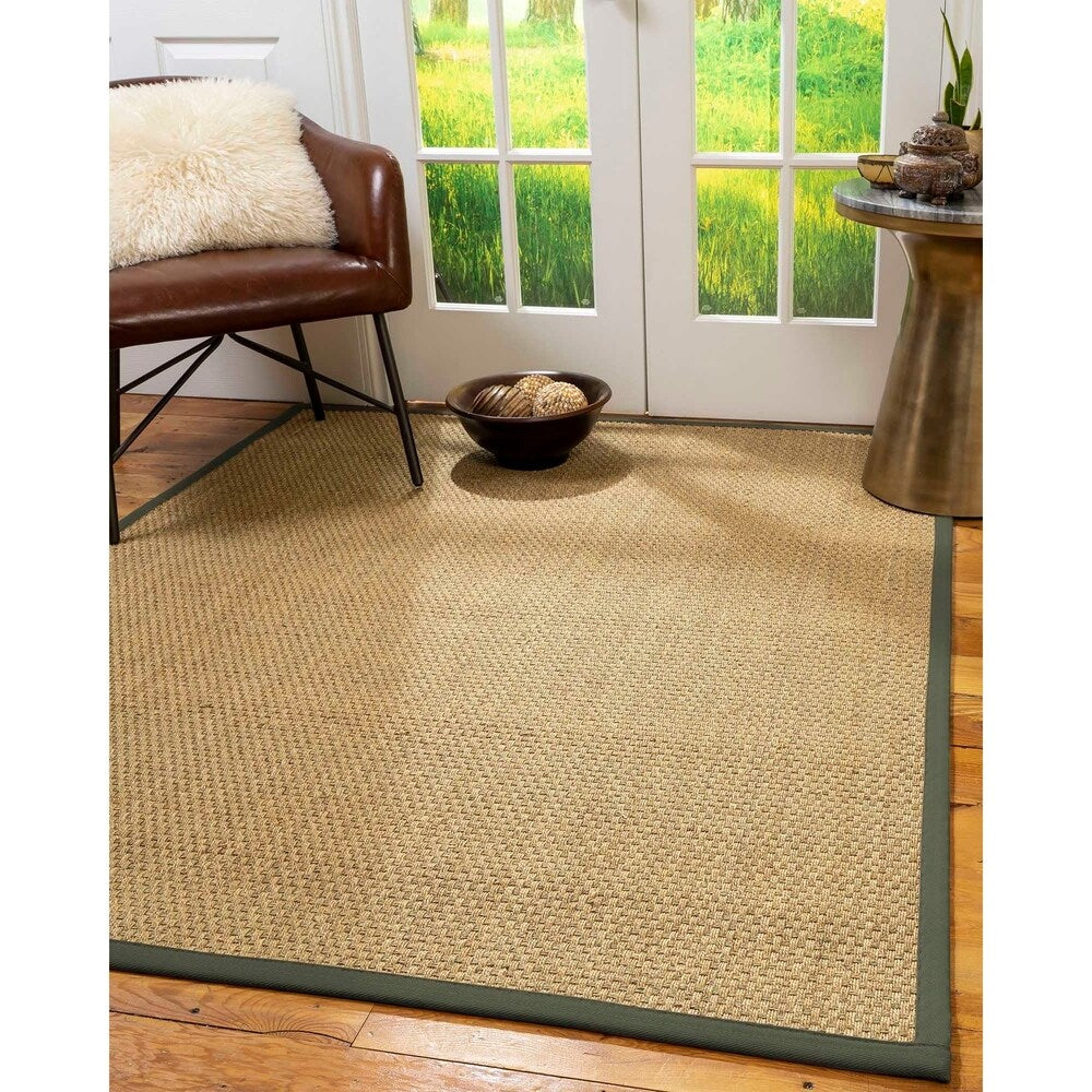 Natural Area Rugs 100%, Natural Fiber Handmade Basket Weave Calabria, Natural Seagrass Rug, Green Border - 12' x 15'