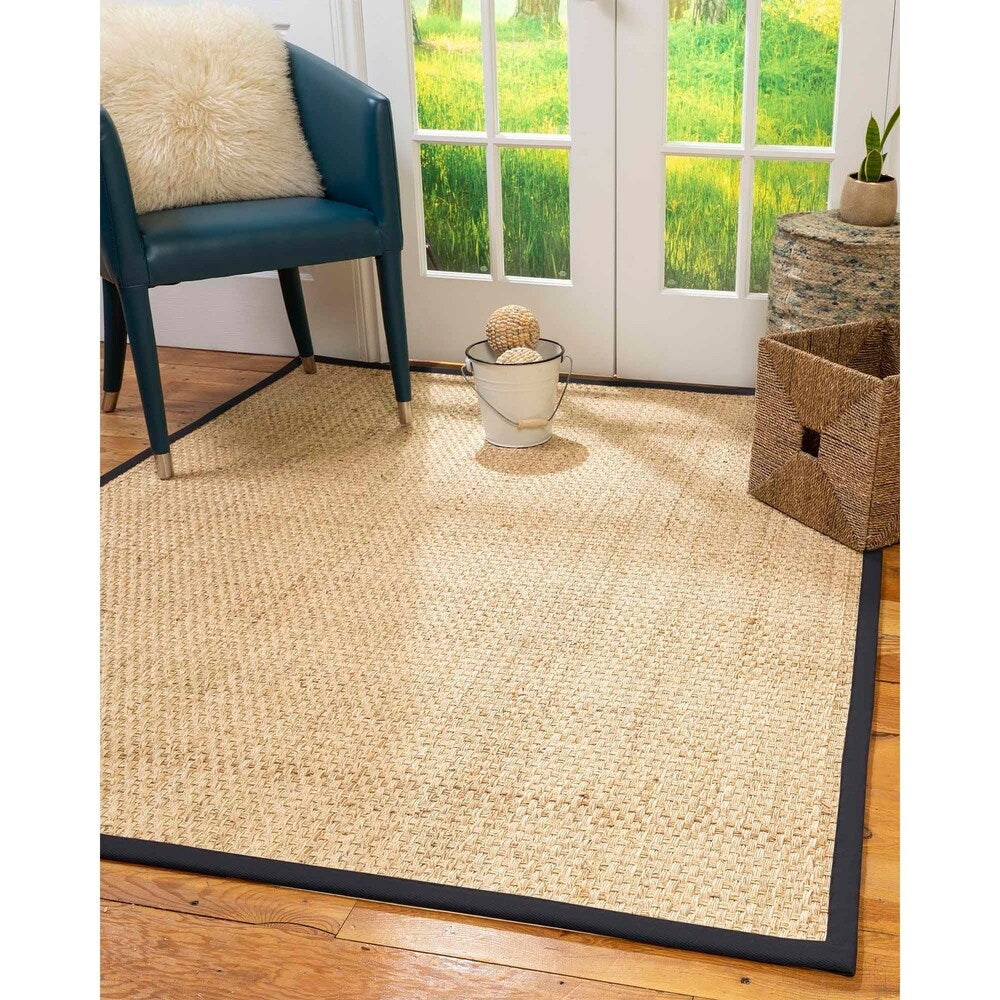 Natural Area Rugs 100%, Natural Fiber Handmade Basket Weave Miami, Natural Seagrass Rug, Midnight Blue Border - 3' x 5'