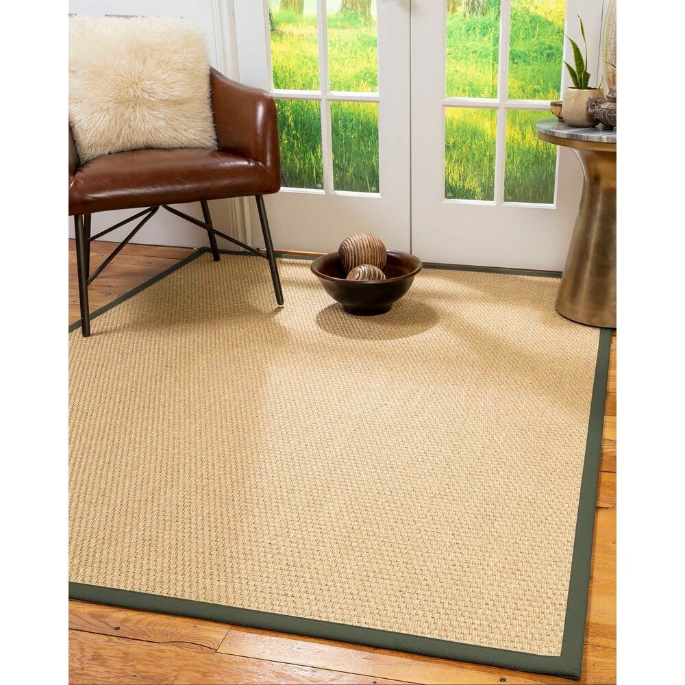 Natural Area Rugs 100%, Natural Fiber Handmade Basket Weave Rio, Beige Sisal Rug, Green Border - 10' x 14'