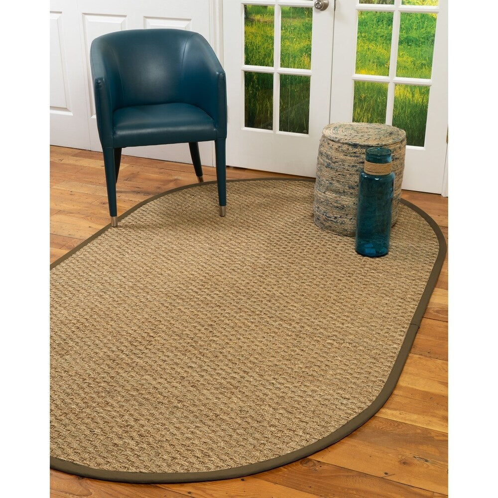Natural Area Rugs, 100% Natural Fiber Handmade Basketweave, Beige Seagrass Oval Rug (5'X8'), Malt Border - 5' x 8'