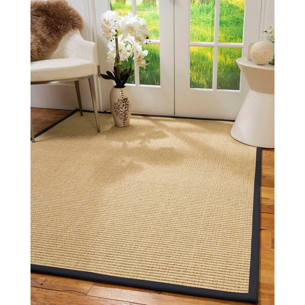 Natural Area Rugs 100%, Natural Fiber Handmade Chunky Lucca, Beige Sisal Rug, Midnight Blue Border - 4' x 12'