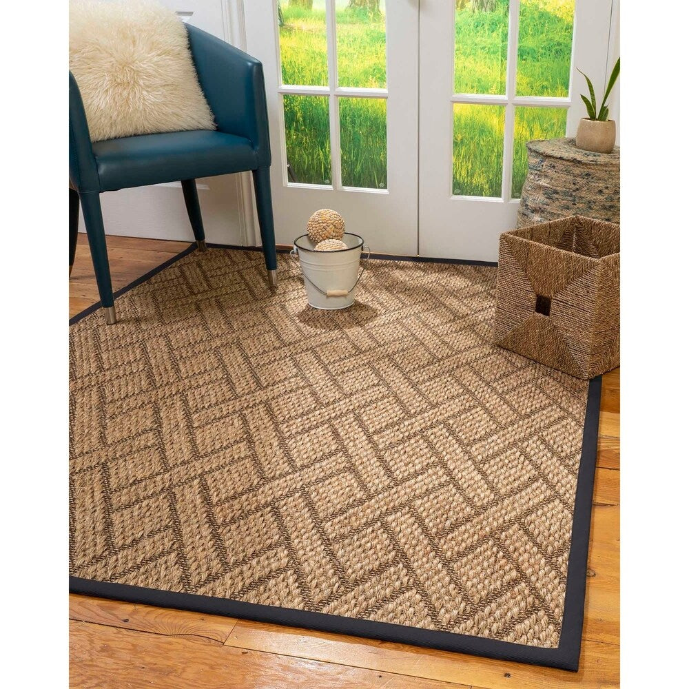 Natural Area Rugs 100%, Natural Fiber Handmade Chunky Shanghai, Brown/Multi Sisal Rug, Midnight Blue Border - 10' x 14'