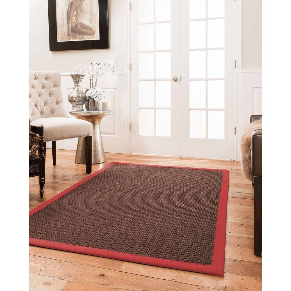 Natural Area Rugs 100%, Natural Fiber Handmade Chunky Talas, Redish Dark Brown Sisal Rug, Red Border - 6' x 9'