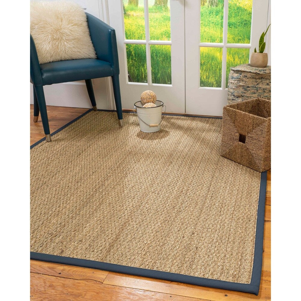 Natural Area Rugs, 100% Natural Fiber Handmade Half-Panama, Natural Seagrass Rug 10' Square, Marine Border - 10' x 10' Square