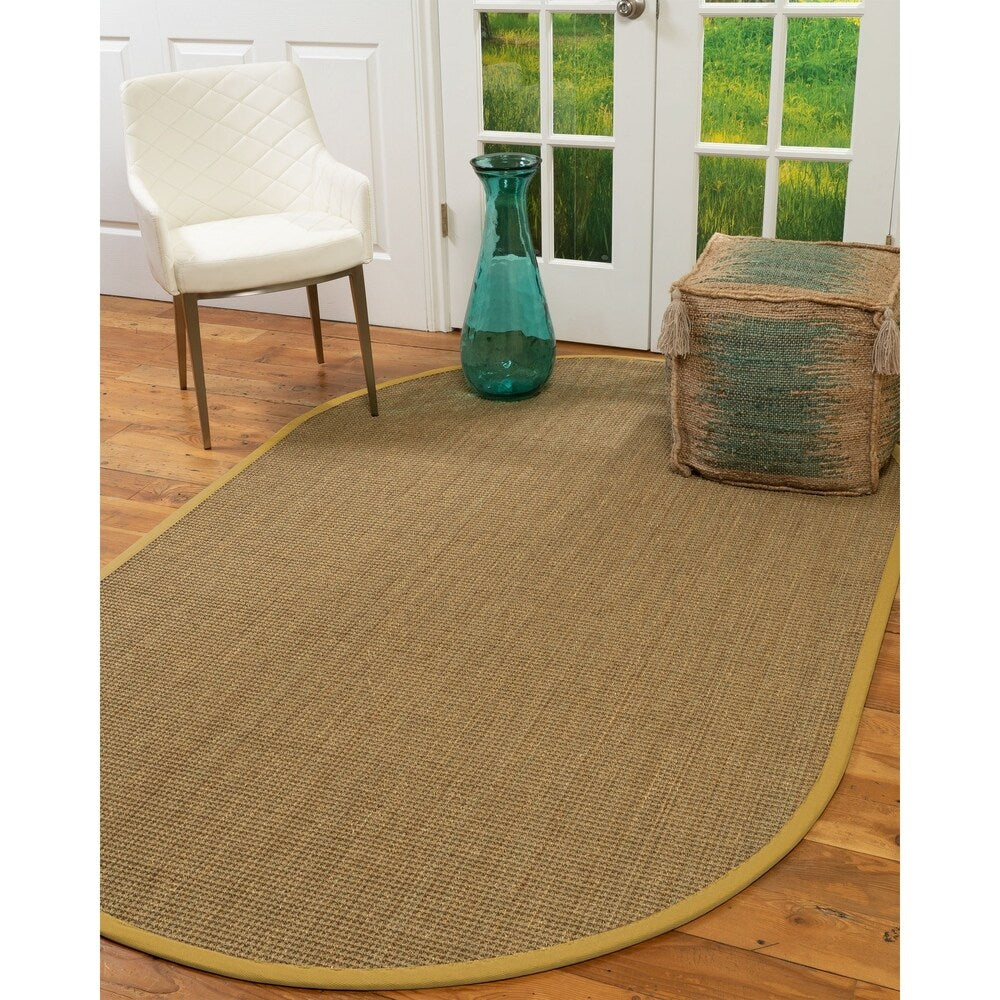 Natural Area Rugs, 100% Natural Fiber Handmade Hamptons, Beige Seagrass Oval Rug (6'X9'), Tan Border - 6' x 9' Oval