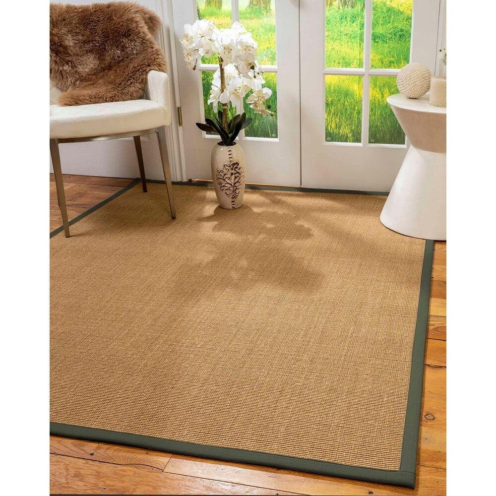 Natural Area Rugs, 100% Natural Fiber Handmade Moda, Light Brown Sisal Rug 8' Square, Green Border - 8' x 8'