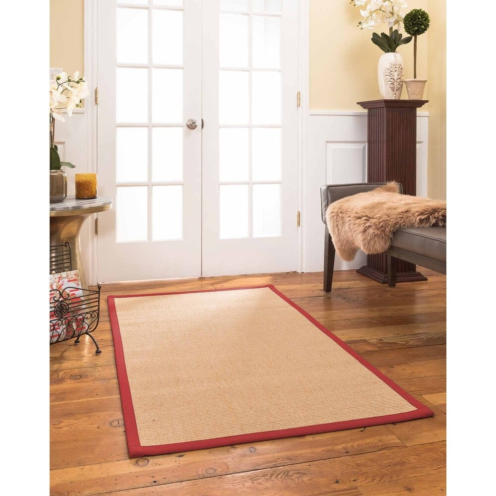 Natural Area Rugs, 100% Natural Fiber Handmade Victoria, Beige Wool/Sisal Rug 8' Square, Red Border - 8' x 8'