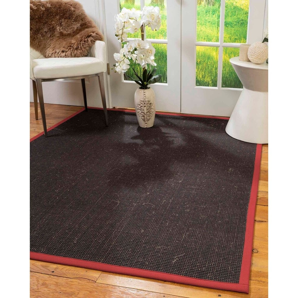 Natural Area Rugs 100%, Natural Fiber Handmade Vida, Black Wool/Sisal Rug, Red Border - 2'6" x 14'
