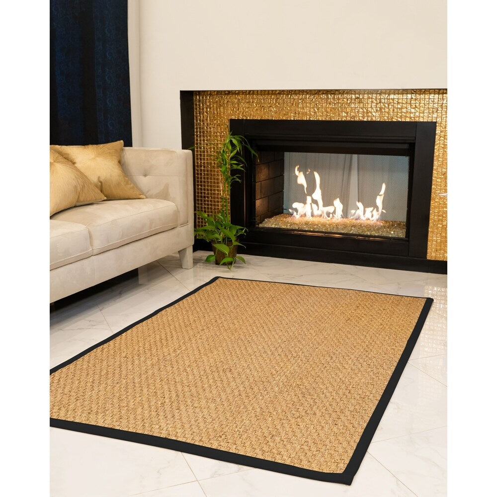 Natural Area Rugs 100%, Natural Fiber Handmade Basketweave, Natural Seagrass Rug, Black Border - 4' x 12'