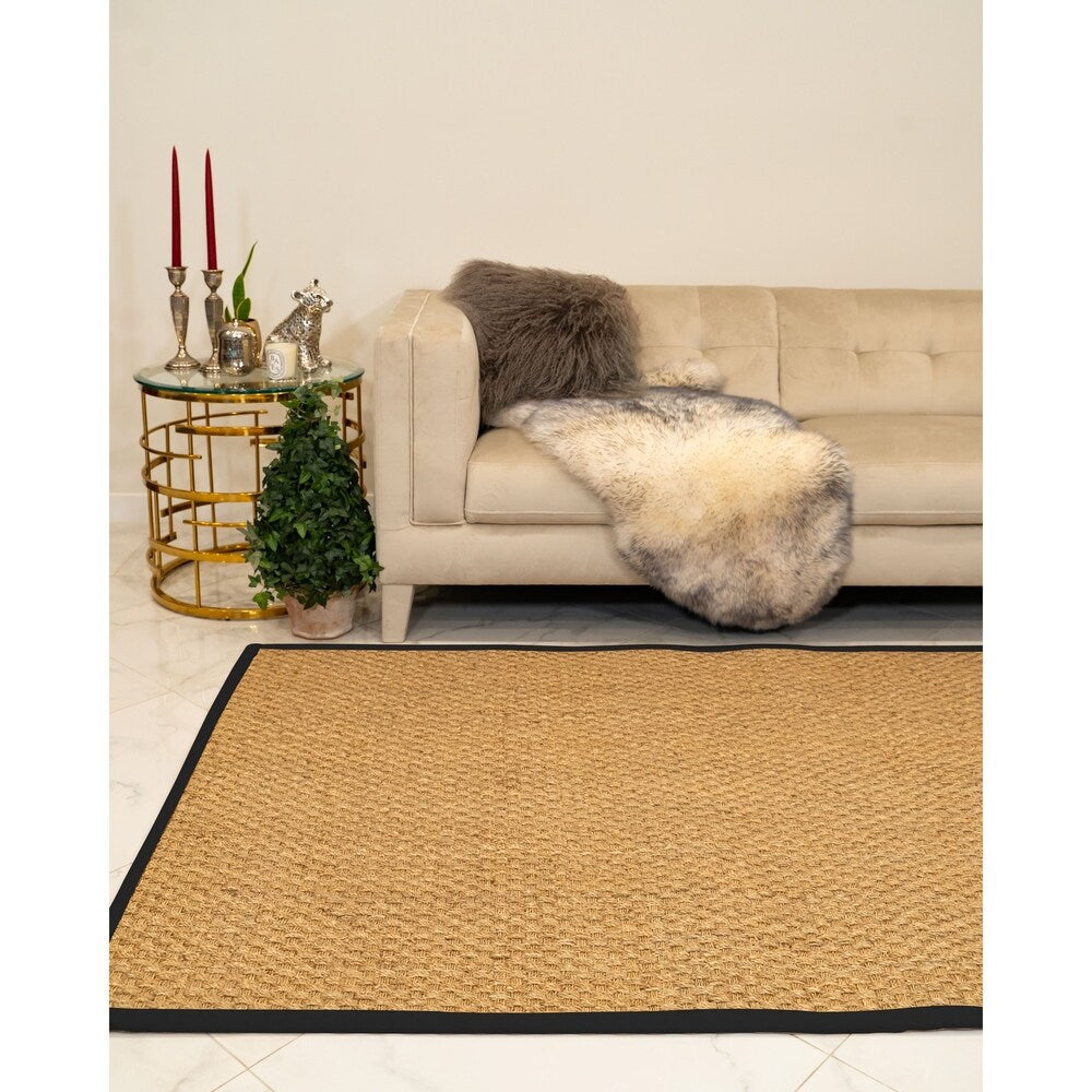 Natural Area Rugs 100%, Natural Fiber Handmade Basketweave, Natural Seagrass Rug, Black Border - 4' x 12'