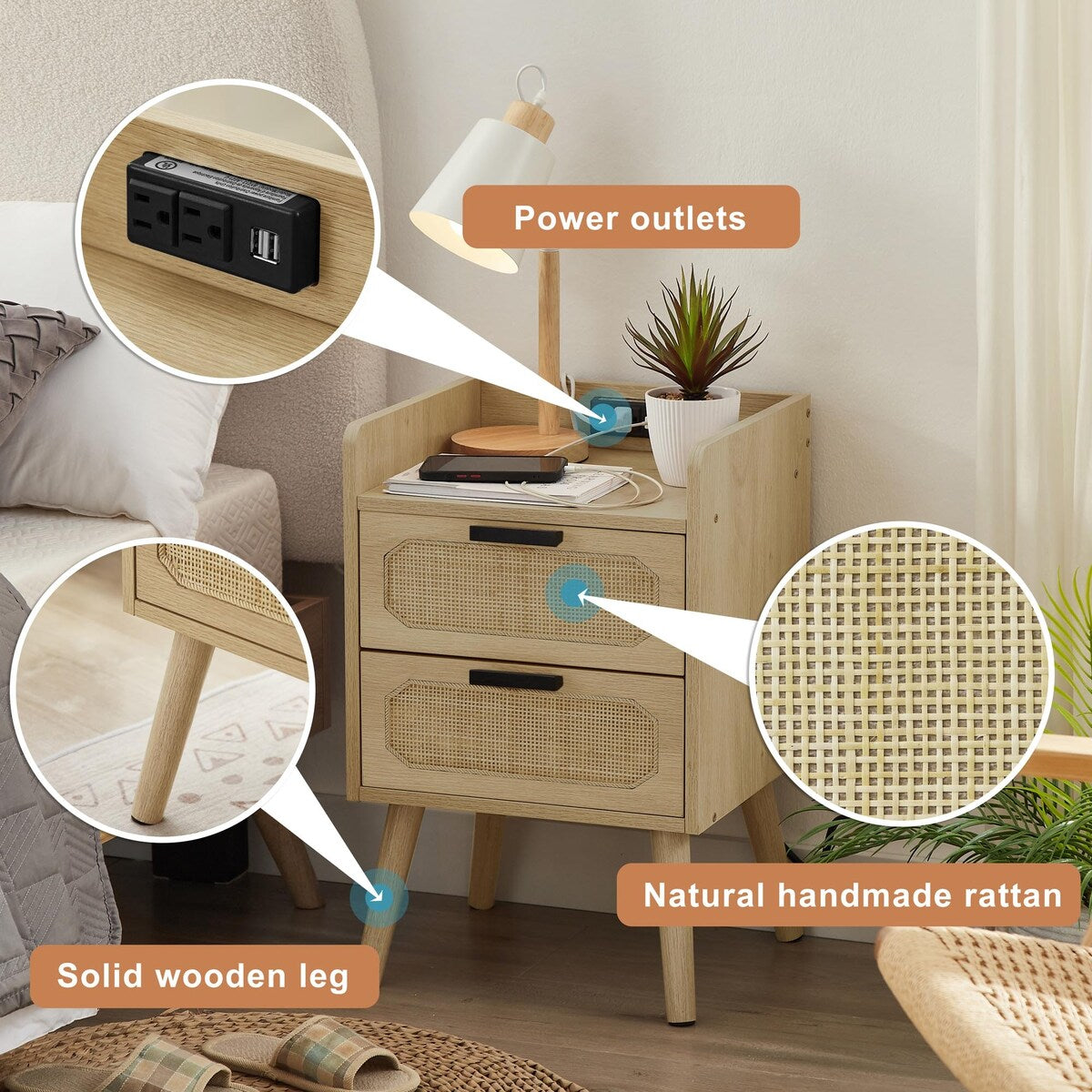 Natural Handmade Rattan Nightstand with Socket