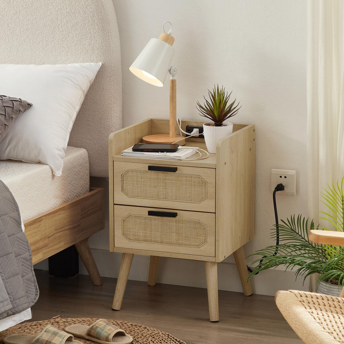 Natural Handmade Rattan Nightstand with Socket