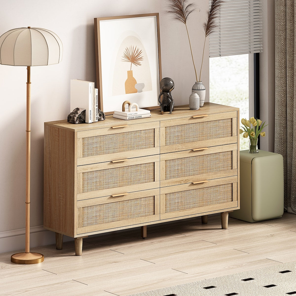 Natural Rattan Drawer Storage Cabinet with 6 Drawers, Perfect for Bedroom and Living Room, 51.18" Size