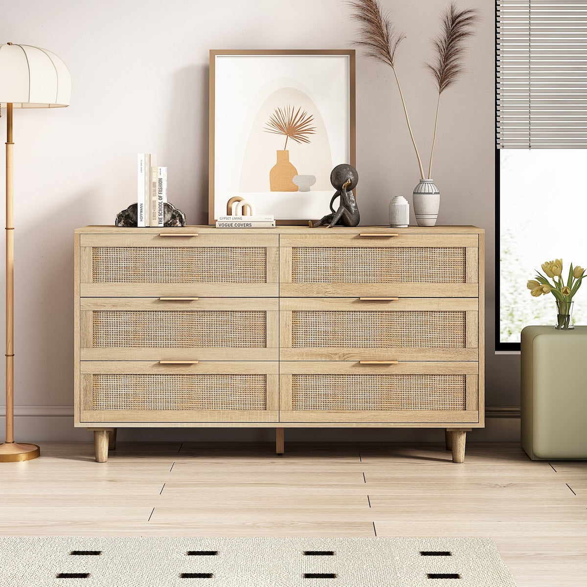 Natural Rattan Drawer Storage Cabinet with 6 Drawers, Perfect for Bedroom and Living Room, 51.18" Size