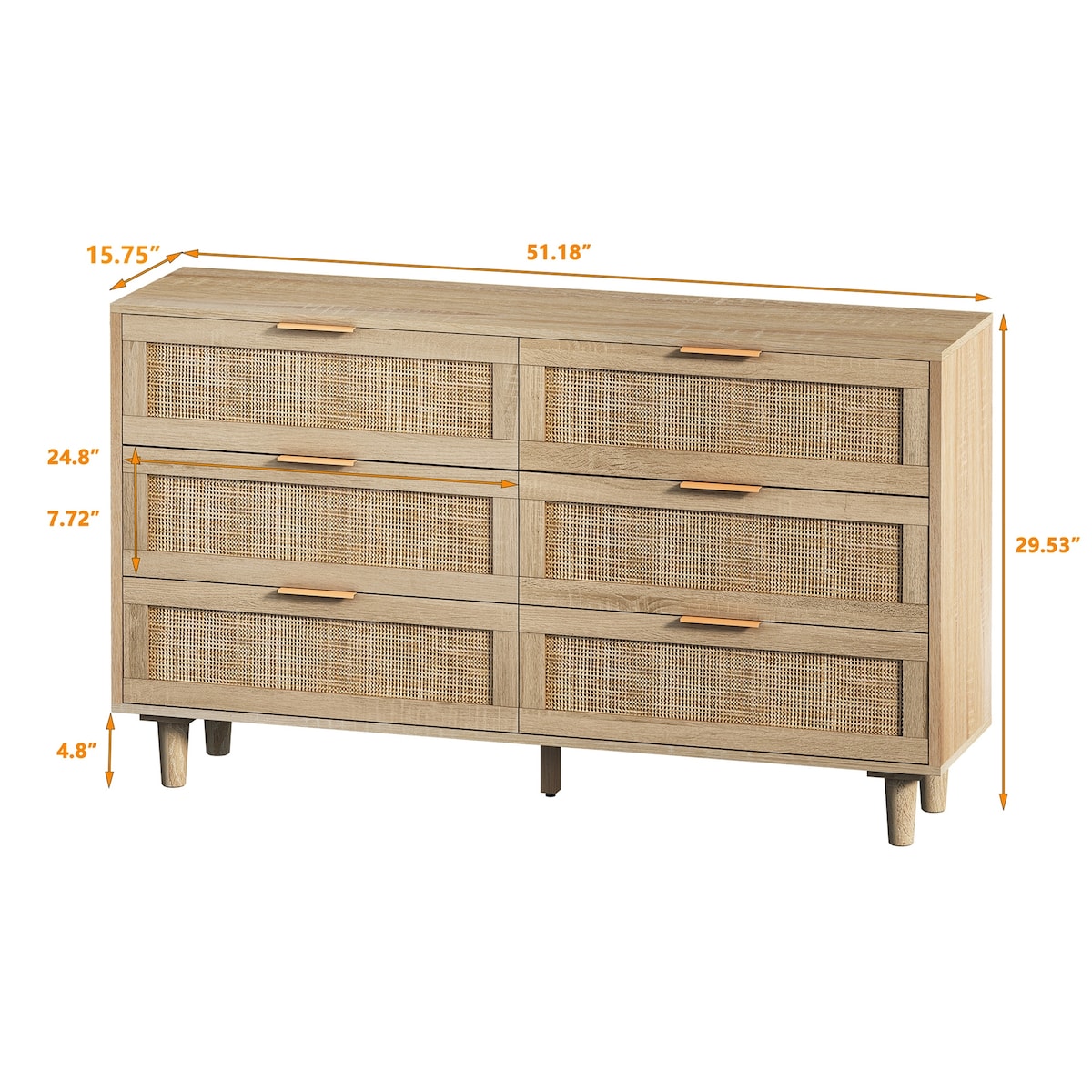 Natural Rattan Drawer Storage Cabinet with 6 Drawers, Perfect for Bedroom and Living Room, 51.18" Size