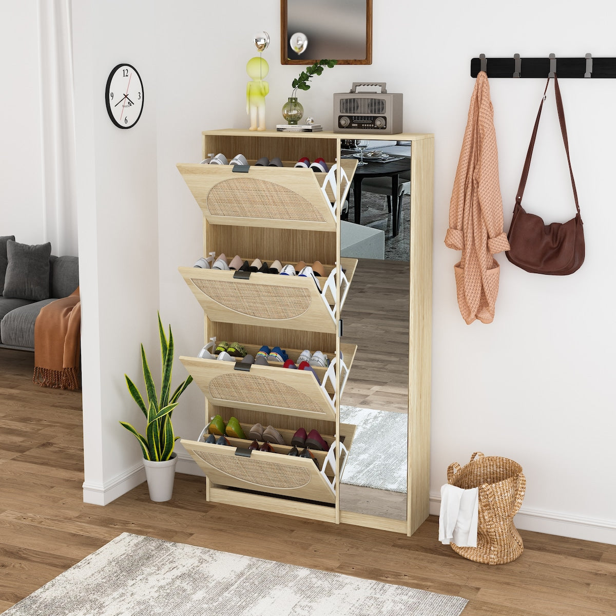 Shoe Cabinet with 4-Tier Shoe Rack Storage Cabinet Wood 4 Door