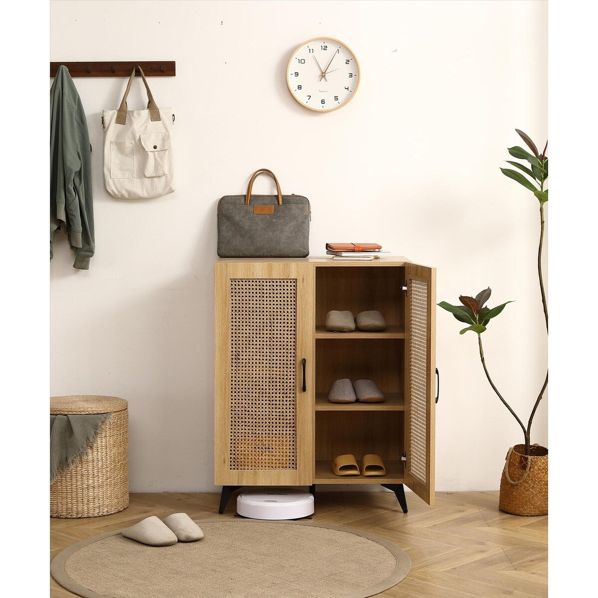 Natural Rattan Storage Cabinet Double Door Shoe Cabinet