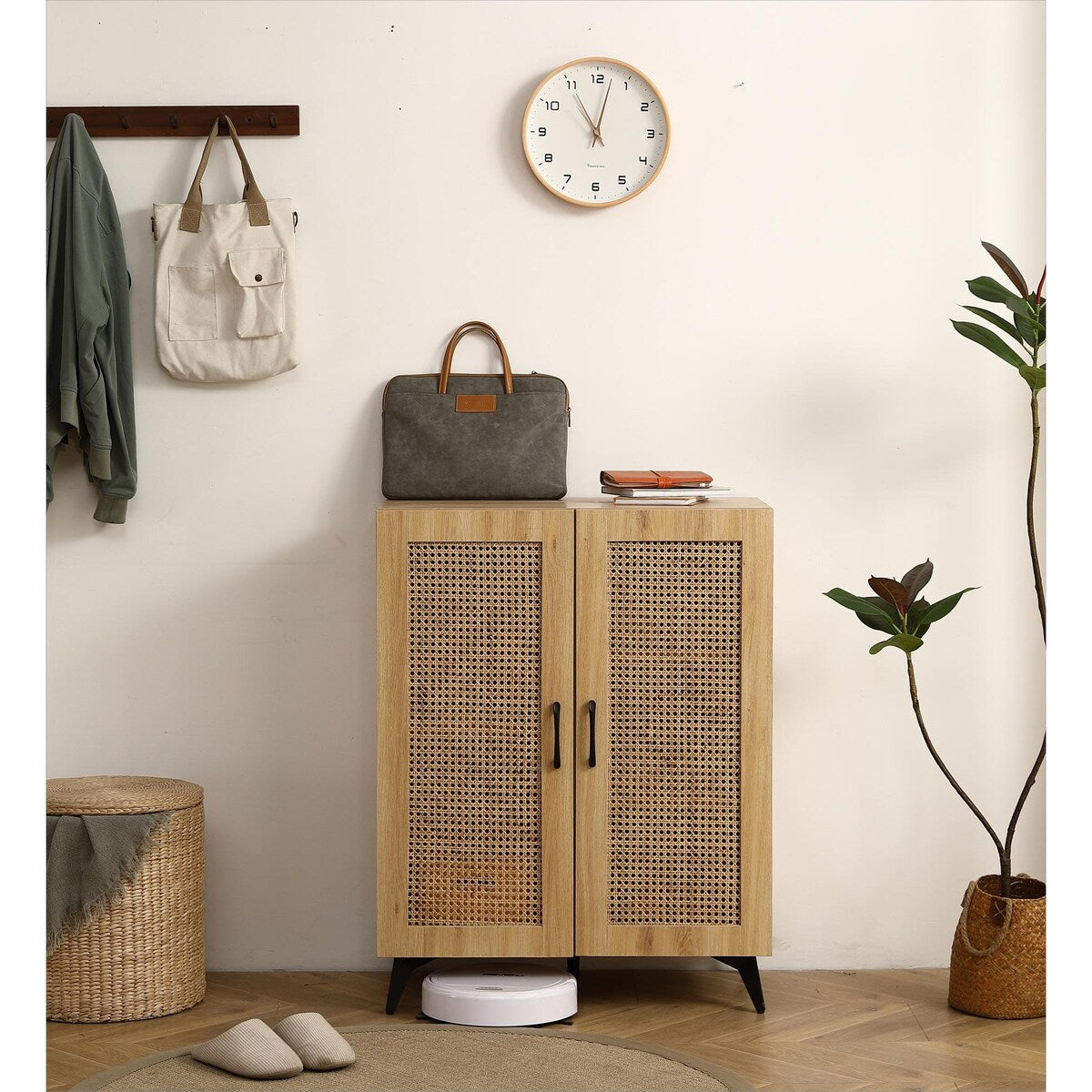 Natural Rattan Storage Cabinet Double Door Shoe Cabinet