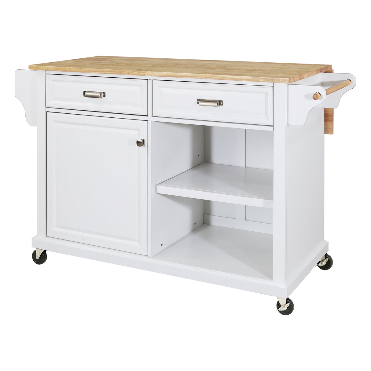 Natural Wood Topped Kitchen Island with Storage, Mobile Kitchen Cart