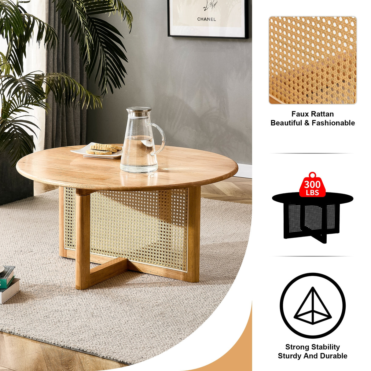 Natural Wooden Coffee Table with Faux Rattan Trim Accent End Table