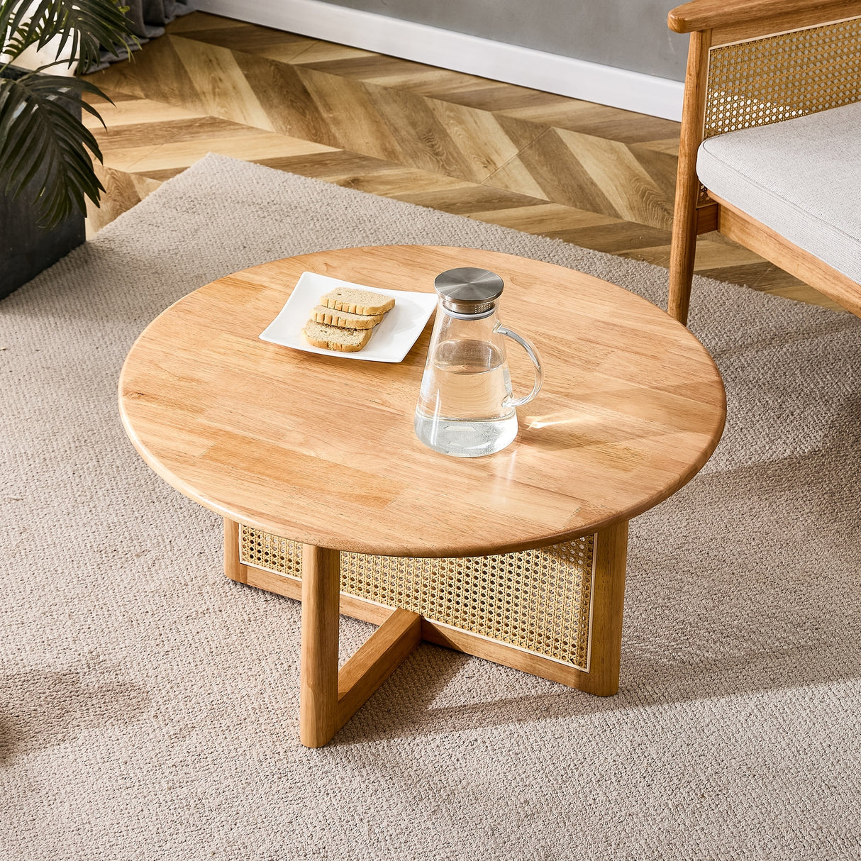 Natural Wooden Coffee Table with Faux Rattan Trim Accent End Table