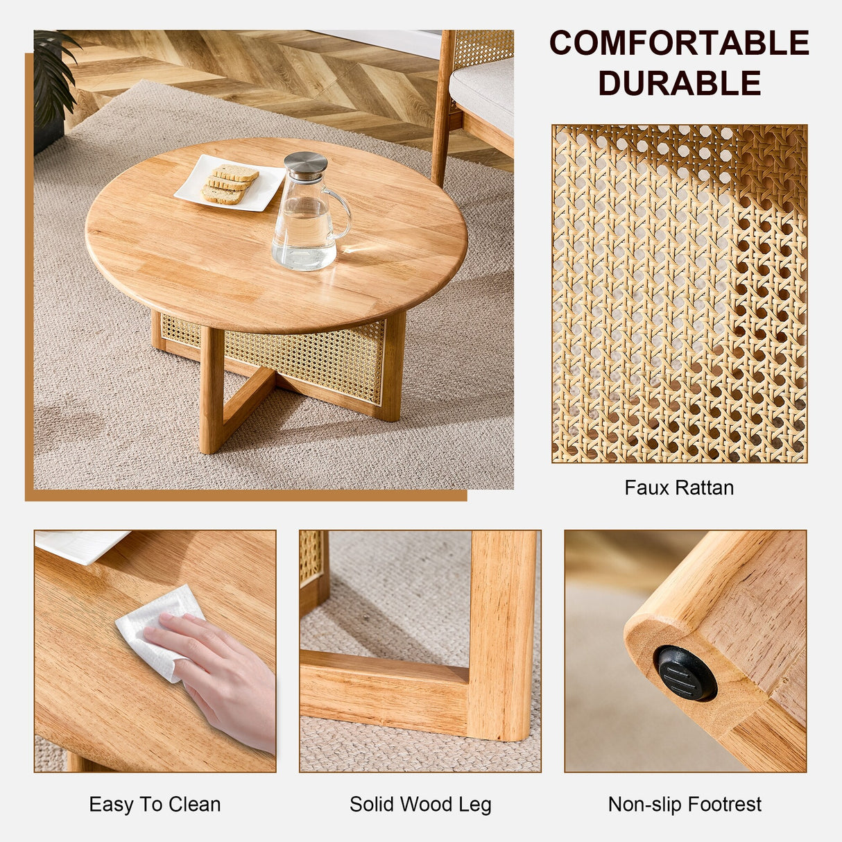 Natural Wooden Coffee Table with Faux Rattan Trim Accent End Table