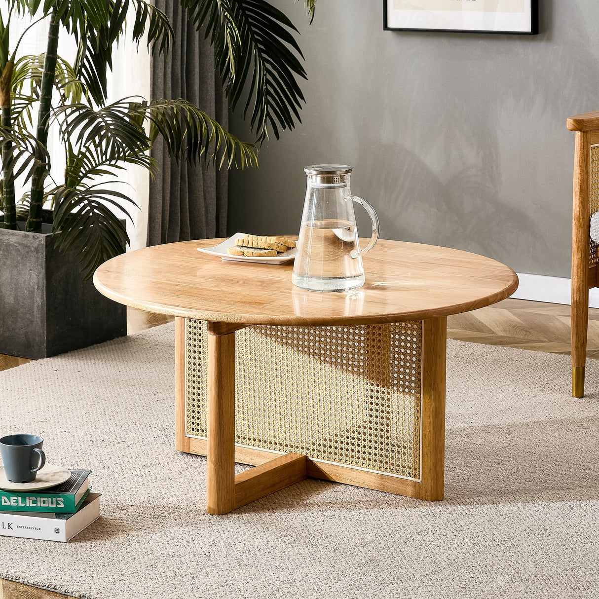 Natural Wooden Coffee Table with Faux Rattan Trim Accent End Table