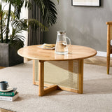 Natural Wooden Coffee Table with Faux Rattan Trim Accent End Table