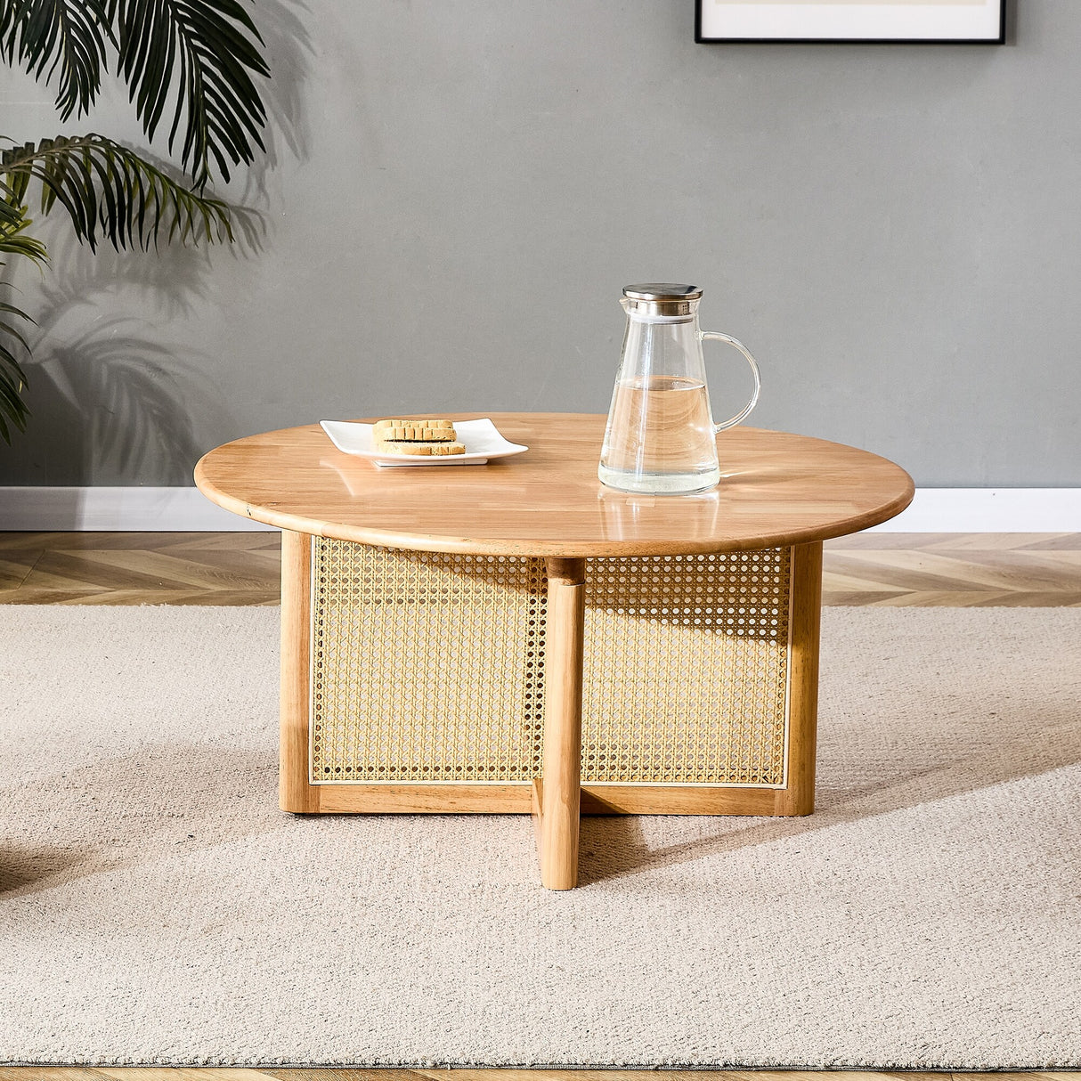 Natural Wooden Coffee Table with Faux Rattan Trim Accent End Table