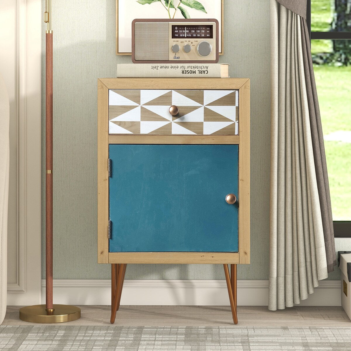 Natural Wooden Nightstand - Color-Matched Drawer Panels, Solid Wood Frame, Metal Feet - Modern Bedside Elegance