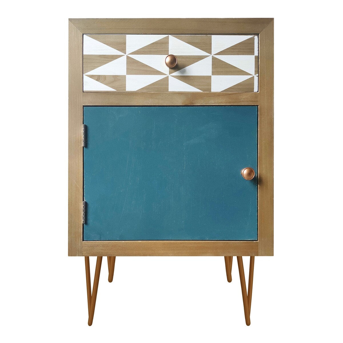 Natural Wooden Nightstand - Color-Matched Drawer Panels, Solid Wood Frame, Metal Feet - Modern Bedside Elegance